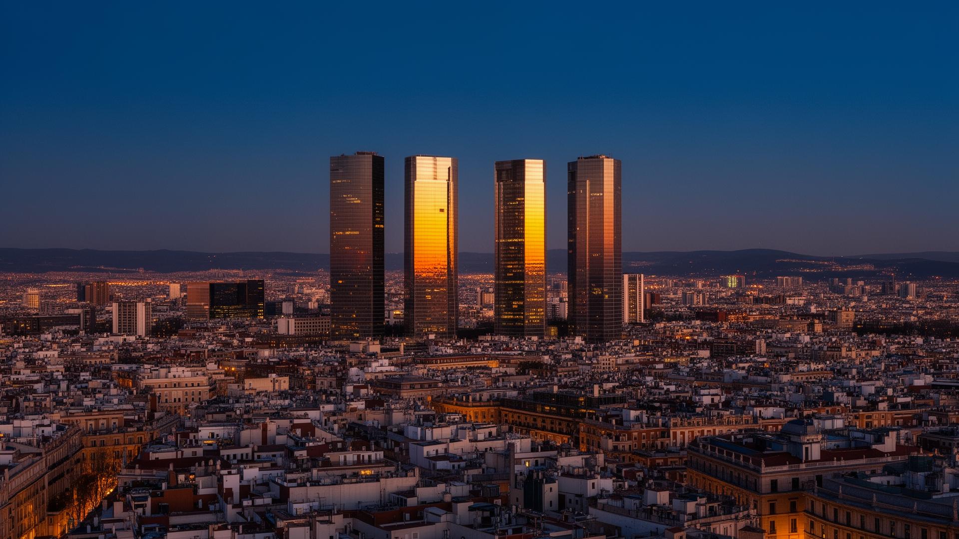 Skyline de Madrid con las Cuatro Torres al atardecer